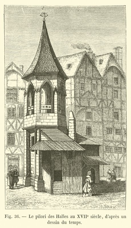 Pręgierz Les Halles w XVII wieku, z ryciny z tamtych czasów autorstwa French School