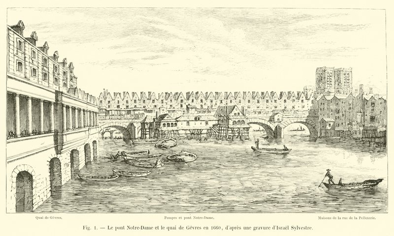 Most Notre-Dame i Quai de Gesvres w 1660 r., według ryciny Israela Sylvestre