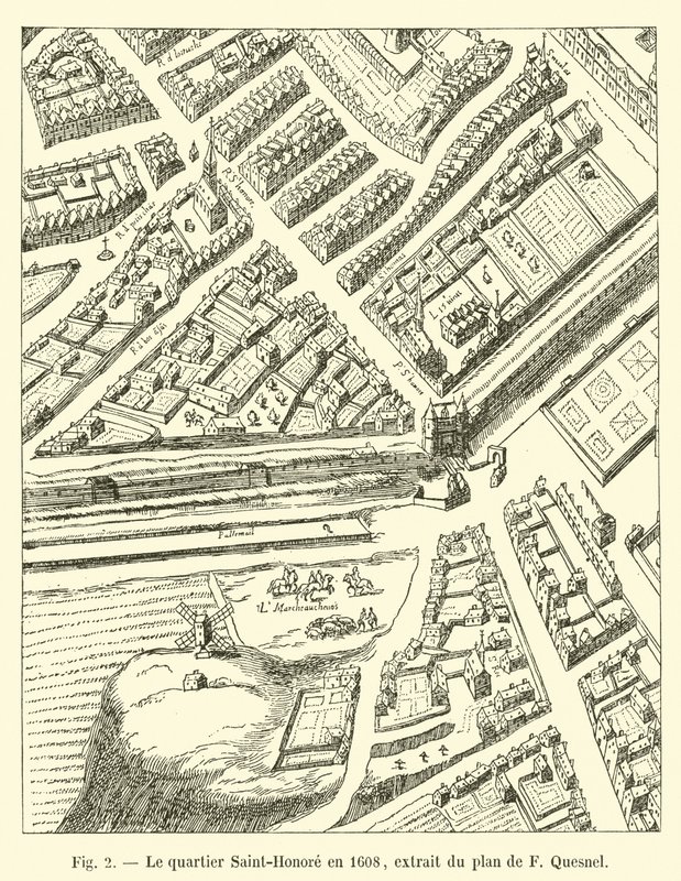 Dzielnica Saint-Honore w 1608 r., wyciąg z planu F Quesnel autorstwa French School