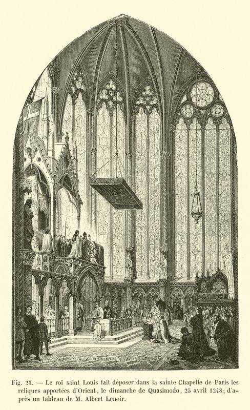 Król św. Ludwik kazał sprowadzić relikwie ze Wschodu do Sainte Chapelle w Paryżu w niedzielę Quasimodo, 25 kwietnia 1248 r., według obrazu M Alberta Lenoira autorstwa French School