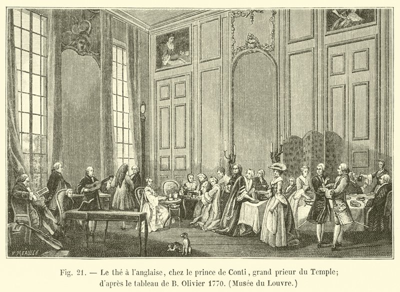 angielska herbata z księciem Conti, wielkim przeorem świątyni; według obrazu B Oliviera 1770, Luwr autorstwa French School
