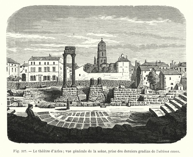 Teatr w Arles; widok ogólny sceny, wzięty z ostatnich trybun ultima cavea (grafika) autorstwa French School