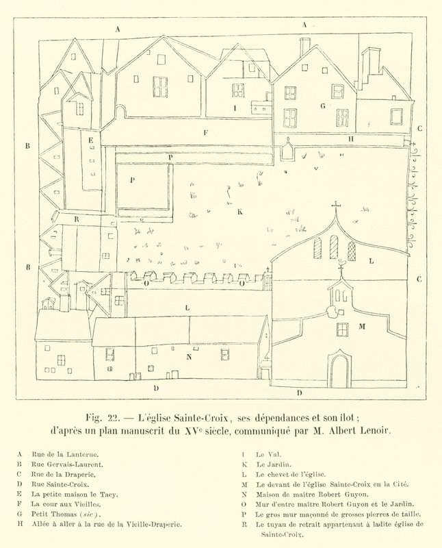 Kościół Sainte-Croix, jego budynki gospodarcze i wyspa; wg planu rękopisu z XV w. przekazanego przez M Alberta Lenoira autorstwa French School
