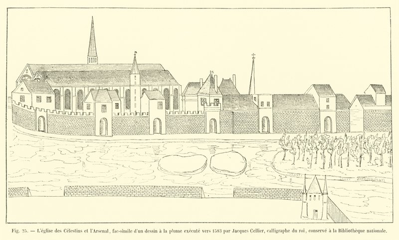 Kościół Celestynów i Arsenał, faksymile rysunku piórem wykonanego około 1583 roku przez kaligrafa króla Jacquesa Celliera, przechowywane w Bibliotece Narodowej autorstwa French School