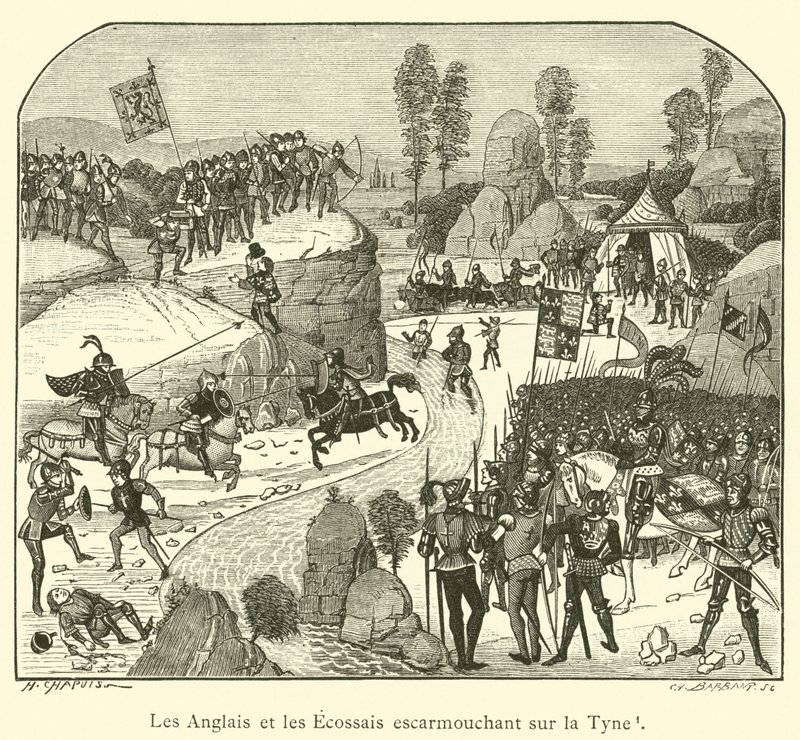 Anglicy i Szkoci w potyczce nad rzeką Tyne (grafika) autorstwa French School