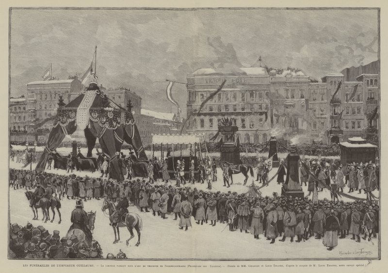 Pogrzeb cesarza Wilhelma, orszak przechodzący pod łukiem triumfalnym na Friedrichstrasse, Promenade des Tilleuls (rycina) autorstwa French School