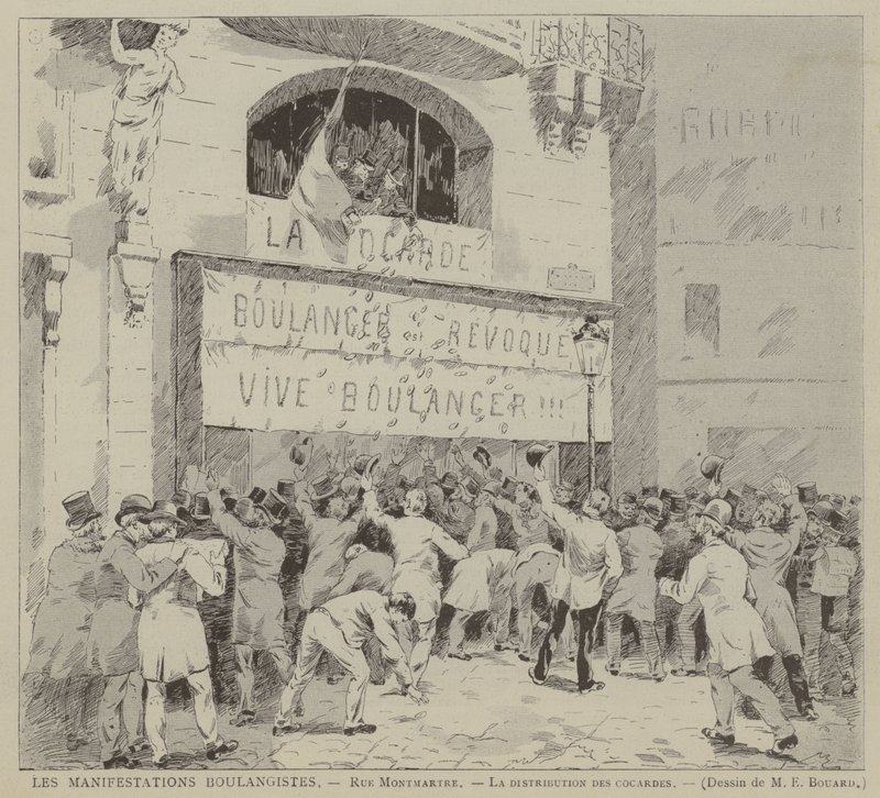 Les Manifestations Boulangistes, Rue Montmartre, La distribution des cocardes (rycina) autorstwa French School