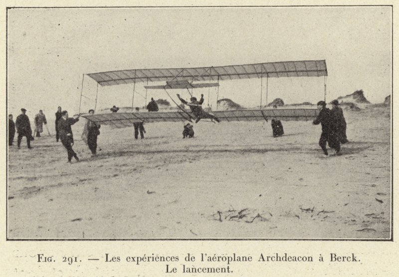 Doświadczenia samolotu archidiakona w Berck, Wystrzelenie (grawerowanie) autorstwa French School