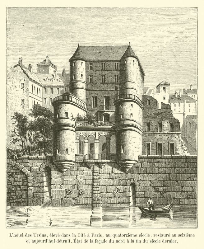 Hôtel des Ursins, zbudowany w Cité w Paryżu w XIV wieku, odrestaurowany w XVI i obecnie zniszczony, Stan elewacji północnej pod koniec ubiegłego wieku autorstwa French School