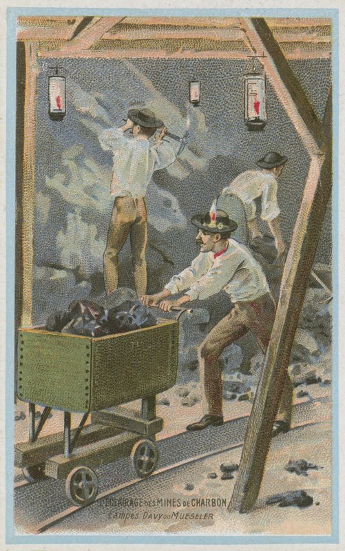 Oświetlenie kopalni węgla, lampy Davy lub lampy Mueseler autorstwa French School