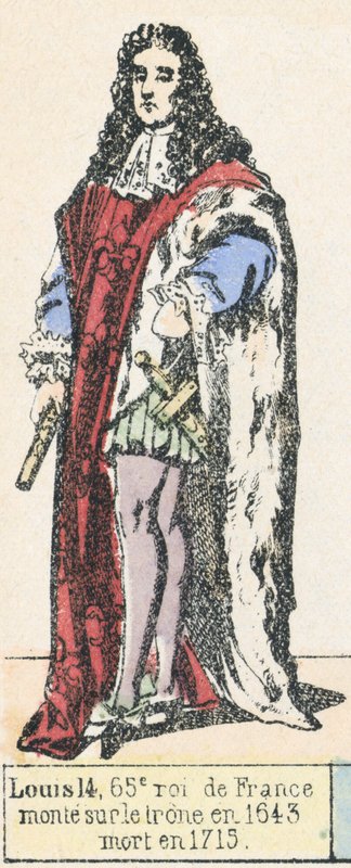 Ludwik 14, 65 król Francji, wstąpił na tron ​​1643, zmarł 1715 (kolorowa rycina) autorstwa French School