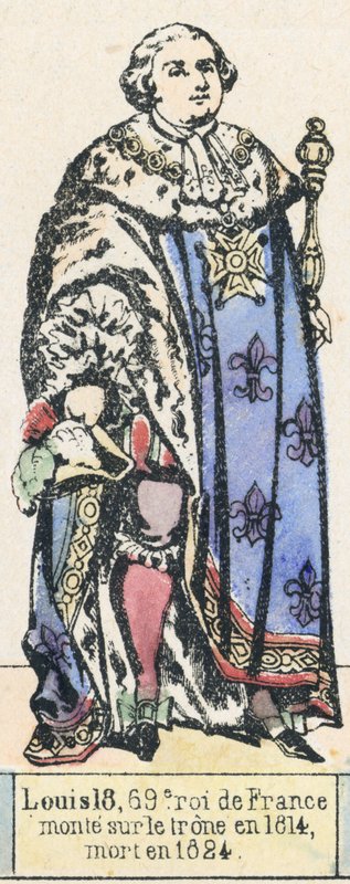 Ludwik 18, 69 król Francji, wstąpił na tron ​​w 1814, zmarł w 1824 (kolorowa rycina) autorstwa French School