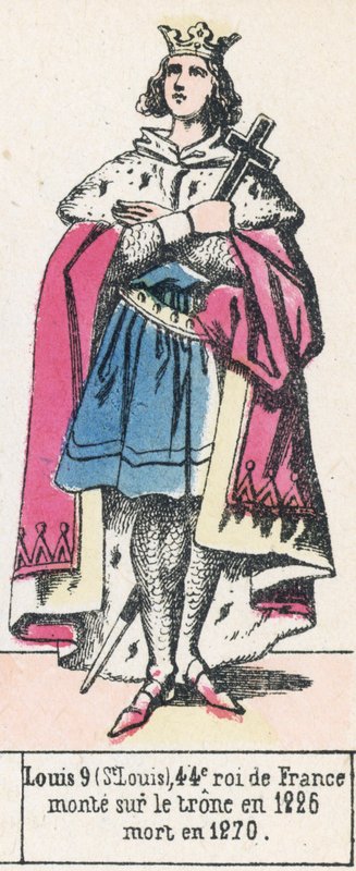 Ludwik 9 (św. Ludwik), 44. król Francji, wstąpił na tron ​​w 1226, zmarł w 1270 (kolorowa rycina) autorstwa French School