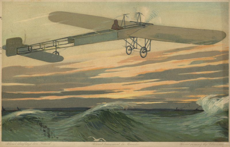 Louis Bleriot wykonujący pierwszy lot przez kanał La Manche samolotem cięższym od powietrza, 25 lipca 1909 r. (kolorowa litografia) autorstwa French School