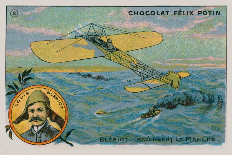 Louis Bleriot wykonuje pierwszy lot przez kanał La Manche w samolocie cięższym od powietrza, 1909 autorstwa French School