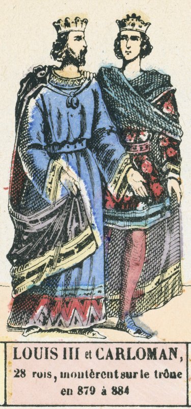 Ludwik III i Carloman, 28 królów, wstąpili na tron ​​w latach 879-884 (kolorowa rycina) autorstwa French School