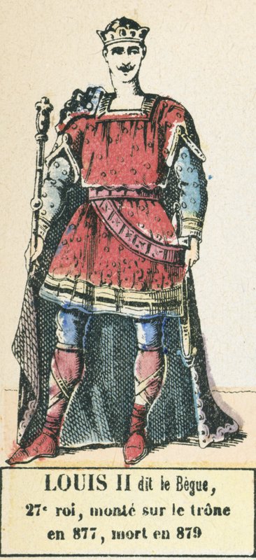Ludwik II dit le Begue, 27 król, wstąpił na tron ​​w 877, zmarł w 879 (kolorowa rycina) autorstwa French School