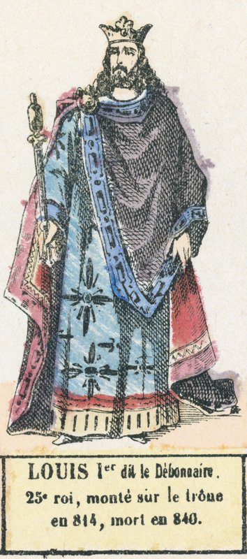 Louis Ier dit le Debonnaire, 25 król, wstąpił na tron ​​w 814, zmarł w 840 (kolorowa rycina) autorstwa French School