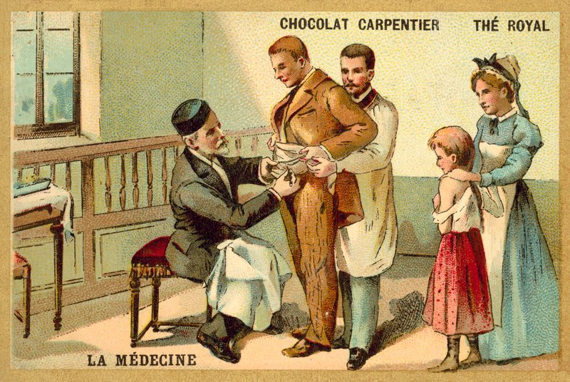 Louis Pasteur inokuluje pacjenta przeciwko wściekliźnie w Instytucie Pasteura (chromolitho) autorstwa French School