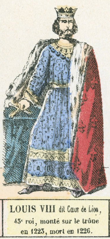 Ludwik VIII dit Coeur de Lion, 43. król, wstąpił na tron ​​w 1223, zmarł w 1226 (kolorowa rycina) autorstwa French School