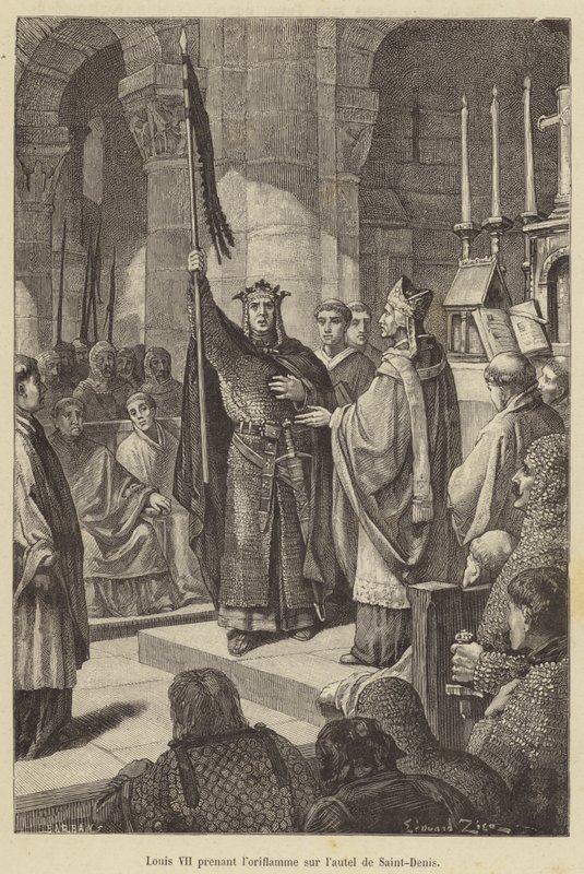 Ludwik VII biorąc sztandar z ołtarza Saint-Denis (rycina) autorstwa French School