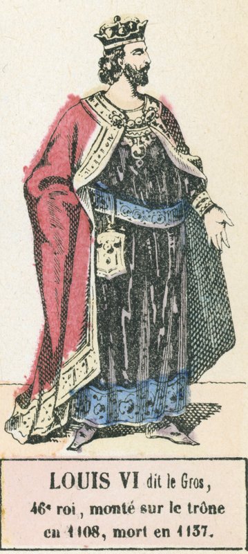Ludwik VI dit le Gros, 46 król, wstąpił na tron ​​w 1108, zmarł w 1137 (kolorowa rycina) autorstwa French School