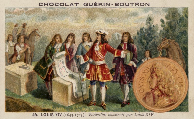 Ludwik XIV Francji nadzorujący budowę Pałacu Wersalskiego (chromolitho) autorstwa French School