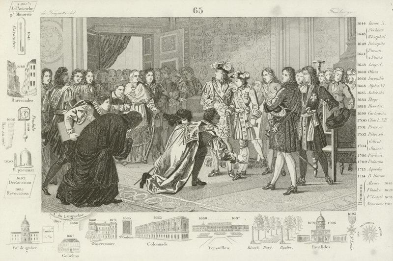 Ludwik XIV przedstawiający swojego wnuka, Filipa V, posłom hiszpańskim jako ich nowego króla, 1700 autorstwa French School