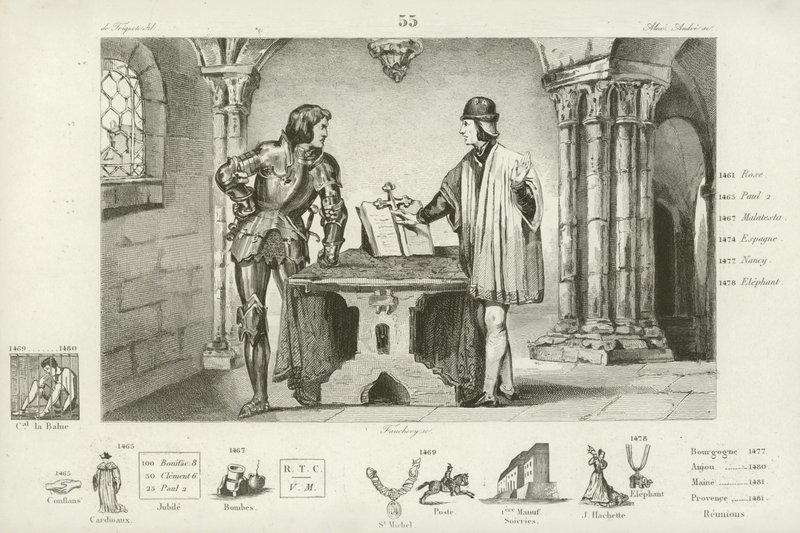 Ludwik XI Francji przetrzymywany w niewoli przez Karola Śmiałego Burgundii w Peronne, 1468 autorstwa French School