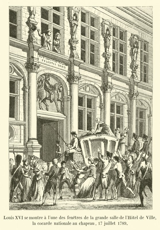 Ludwik XVI ukazuje się księżycem z okien wielkiej sali Hôtel de Ville, narodowa kokarda na kapeluszu, 17 lipca 1789 autorstwa French School