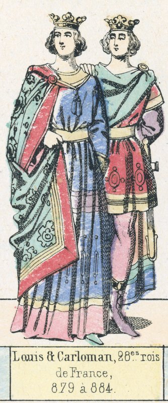 Louis i Carloman, 28 królowie Francji, 879-884 (kolorowe grawerowanie) autorstwa French School