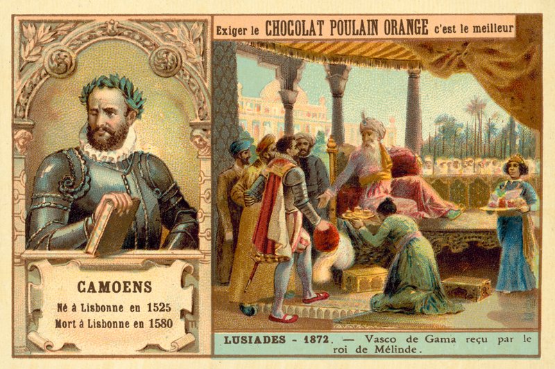 Luis de Camoes, portugalski poeta, i scena z jego poematu Lusiady, przedstawiająca Vasco da Gamę przyjmowanego przez króla Malindi (chromolit) autorstwa French School