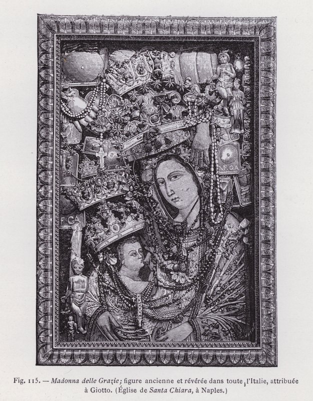 Madonna delle Grazie; postać antyczna i czczona w całych Włoszech, przypisywana Giotto, kościół Santa Chiara, Neapol (rycina) autorstwa French School