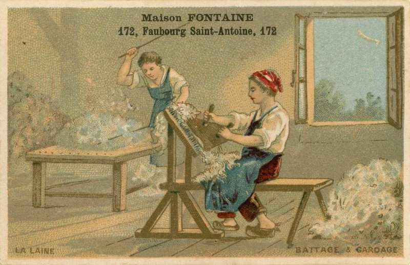 Karta handlowa Maison Fontaine, młócenie i gręplowanie autorstwa French School