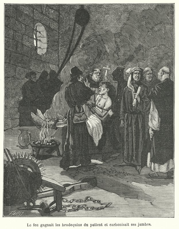 Mężczyzna torturowany brodekinami i ogniem (grawerunek) autorstwa French School