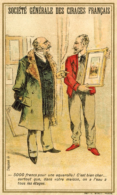 Mężczyzna targujący się o cenę akwareli z artystą (chromolitho) autorstwa French School