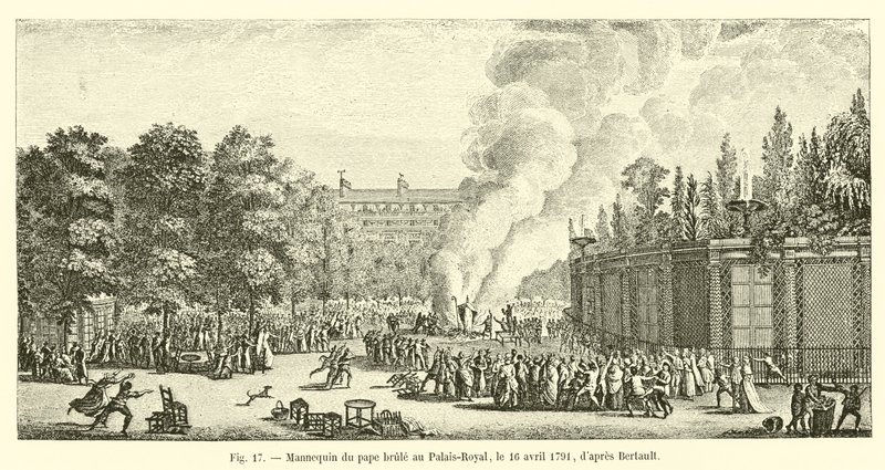 Manekin papieża spalony w Palais-Royal 16 kwietnia 1791 r. wg Bertault autorstwa French School