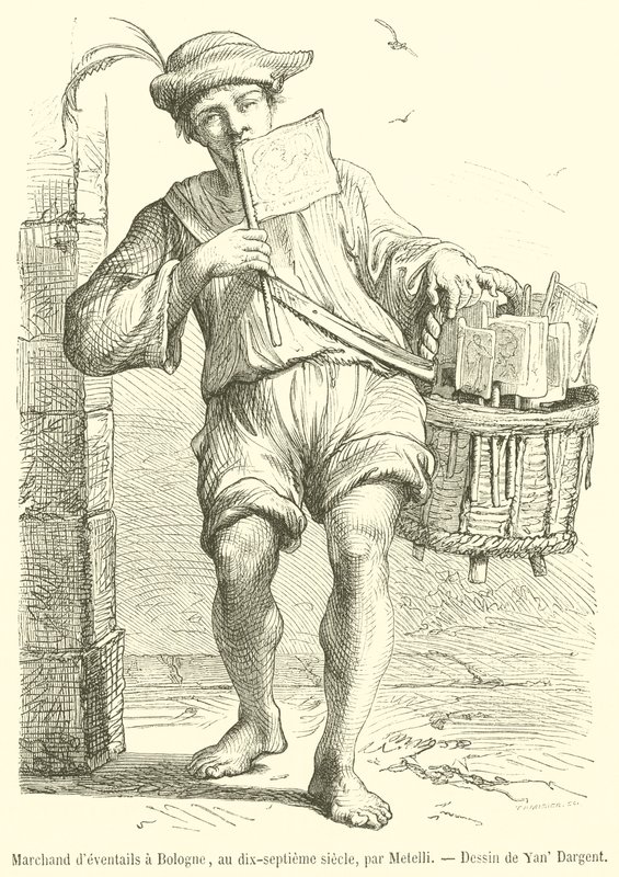 Kupiec wachlarzy w Bolonii, XVII w. (rycina) autorstwa French School