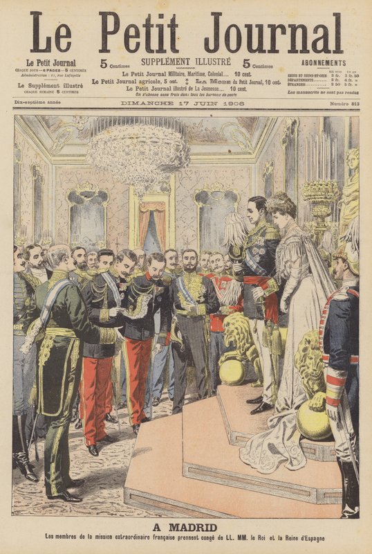 Małżeństwo króla Hiszpanii Alfonsa XIII i Wiktorii Eugenie Battenberg (kolor lito) autorstwa French School