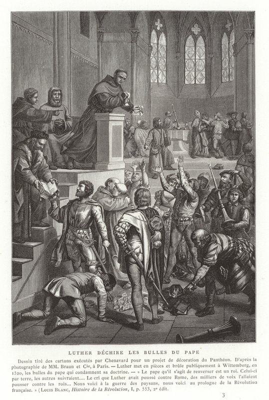 Marcin Luter rozrywa bulle papieskie, Wittenberga, Niemcy, 1520 autorstwa French School