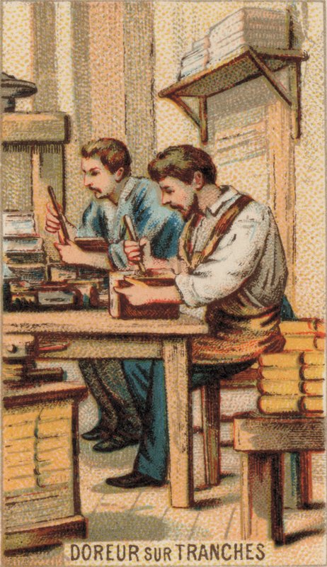 Mężczyźni pozłacający książki złotem (chromolitho) autorstwa French School