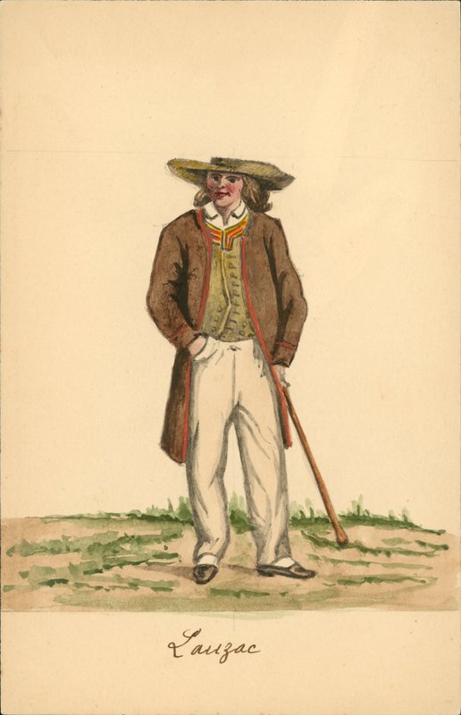 Strój męski z Lauzach, Morbihan (kolorowa litografia) autorstwa French School