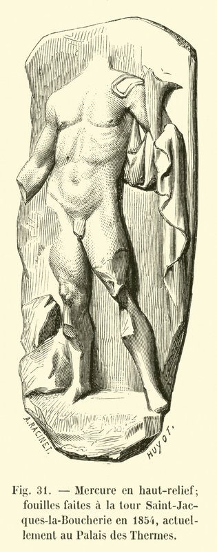 Merkury w wysokim reliefie; wykopaliska wykonane przy wieży Saint-Jacques-la-Boucherie w 1854 roku, obecnie w Palais des Thermes autorstwa French School