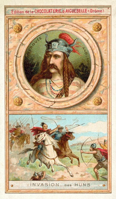 Merovech, król Franków Salijskich i inwazja Hunów, 451 (chromolitho) autorstwa French School