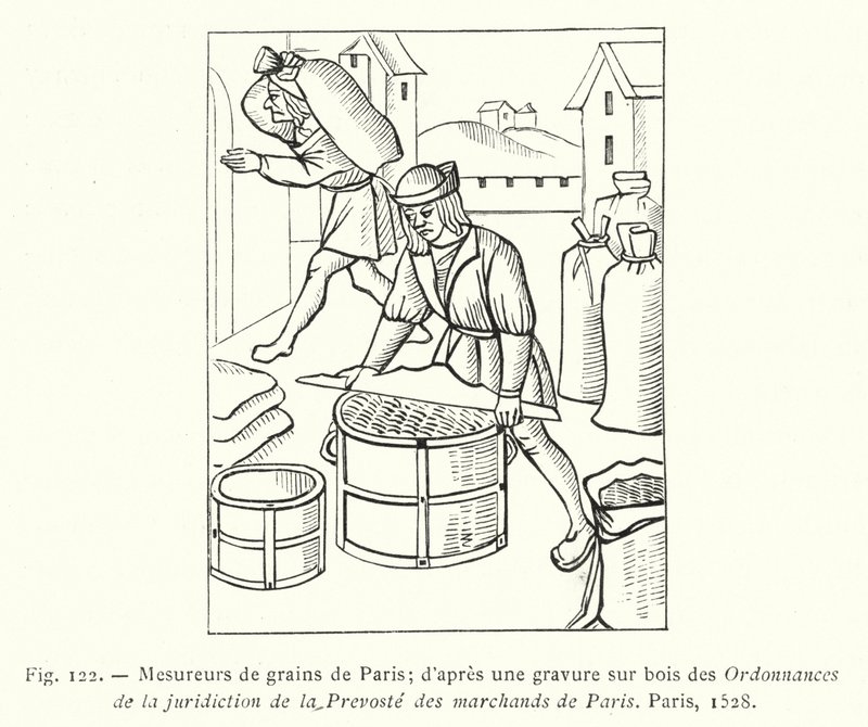Paryskie mierniki ziarna; według drzeworytu z Ordannances de la Jurisdiction de la Prevoste des Marchands de Paris, Paryż autorstwa French School