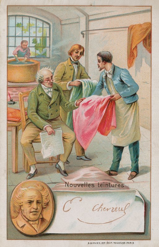 Michel Eugene Chevreul, francuski chemik (1786-1889), sprawdzający niektóre nowe barwniki autorstwa French School