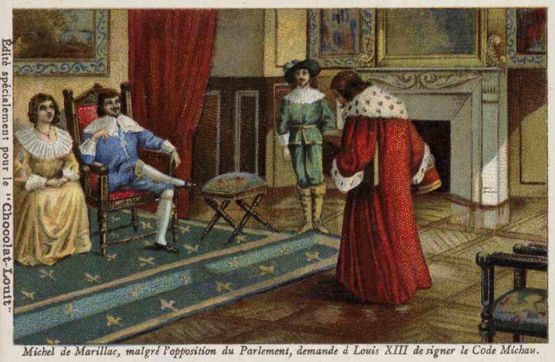 Michel de Marillac, mimo sprzeciwu parlamentu, prosi Ludwika XIII o podpisanie Kodeksu Michau reformującego francuski system prawny, 1629 autorstwa French School