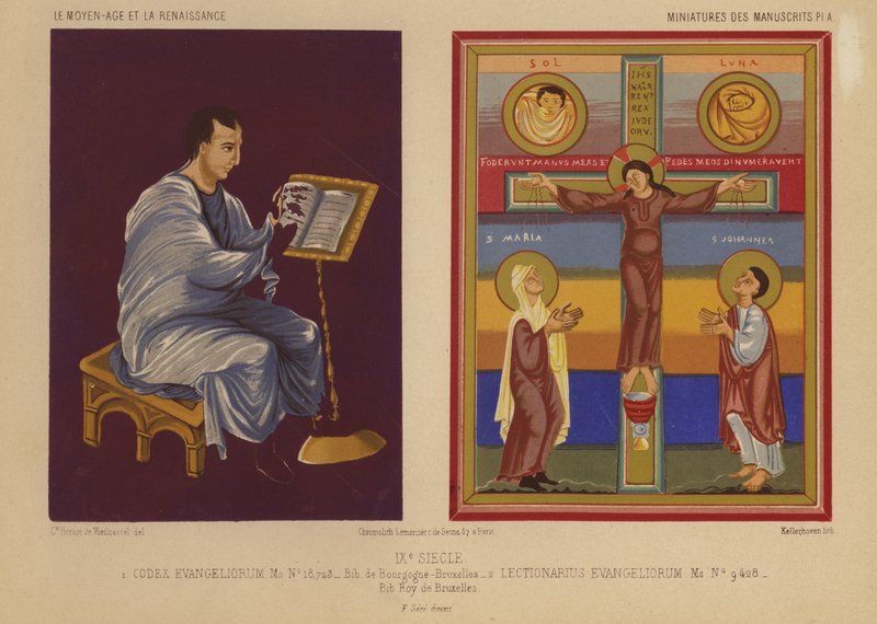 Miniatury z rękopisów iluminowanych z IX wieku (chromolitho) autorstwa French School
