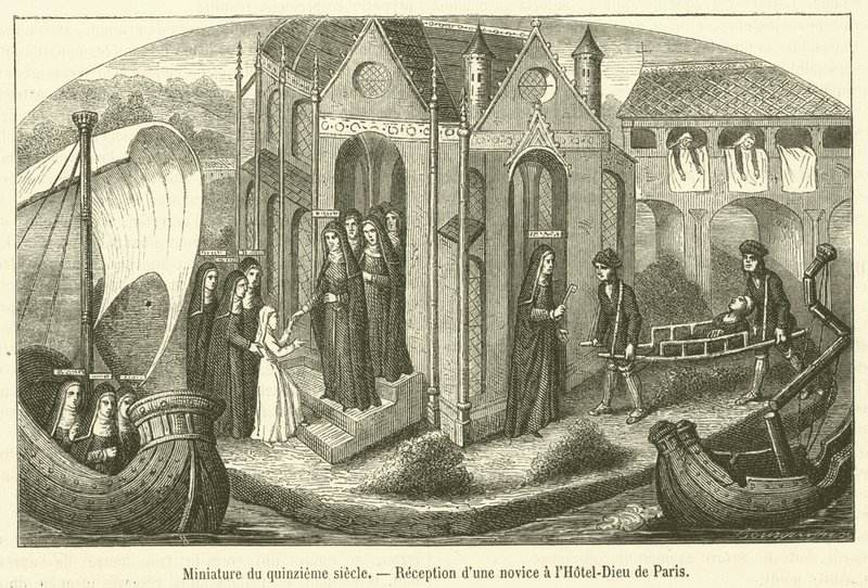 Miniatura z XV w., Przyjęcie nowicjusza w Hotel-Dieu w Paryżu (rycina) autorstwa French School