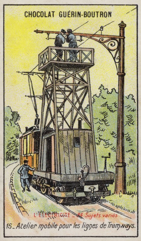 Mobilna platforma do remontów napowietrznych linii elektroenergetycznych w tramwajach (chromolitho) autorstwa French School